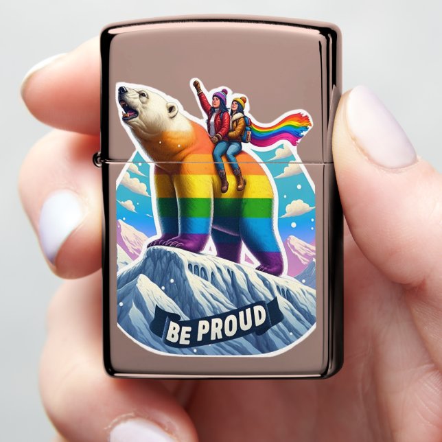Vibrant polar bear Perched on mountain with girls Zippo Lighter (In Hand)