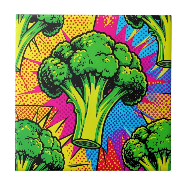 Vibrant Pop Art Broccoli Pattern Ceramic Tile (Front)
