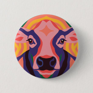 Vibrant Pop Art Cow Face Portrait Button