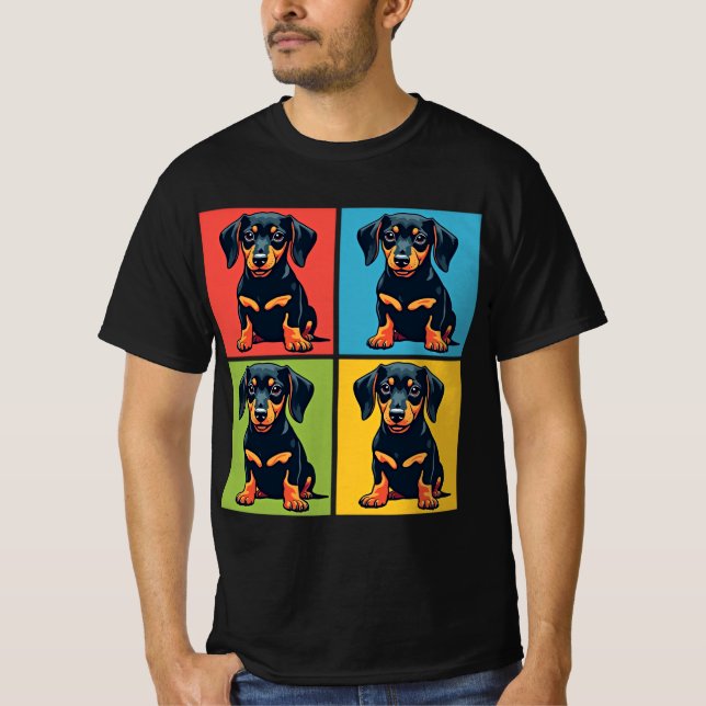 Vibrant Pop Art Dachshund Puppy Squares T-Shirt (Front)