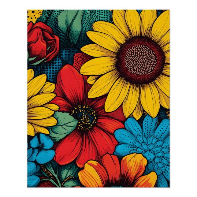 Vibrant Pop Art Floral Design wuth Sunflowers Poster (Front)