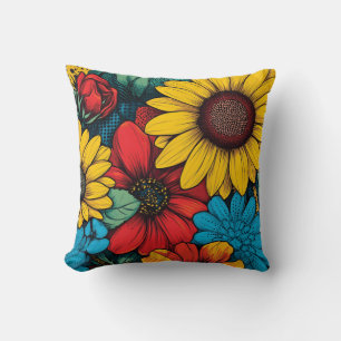 Vibrant Pop Art Floral Design wuth Sunflowers Throw Pillow