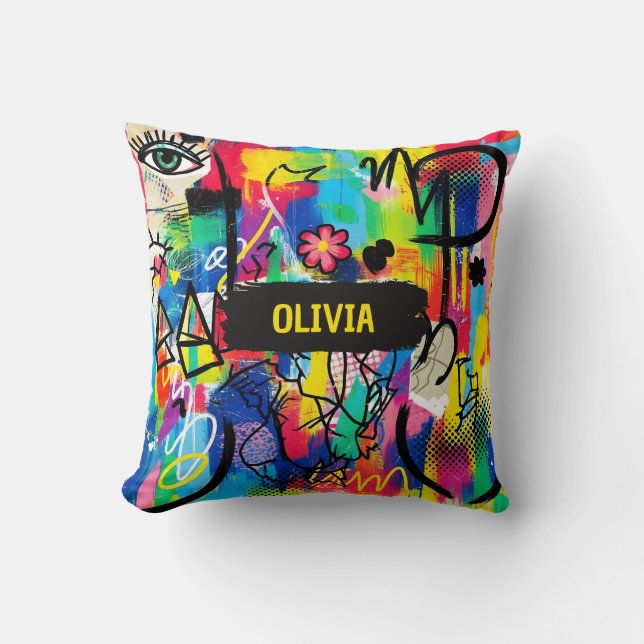 Vibrant Pop Art Graffiti Abstract Personalized Throw Pillow (Front)