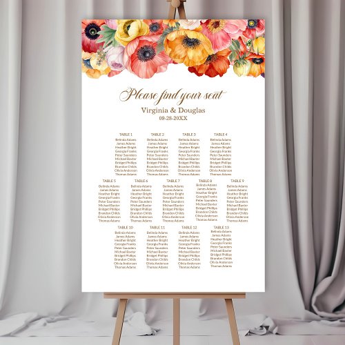 Vibrant Poppies 13 Table Wedding Seating Chart  Foam Board