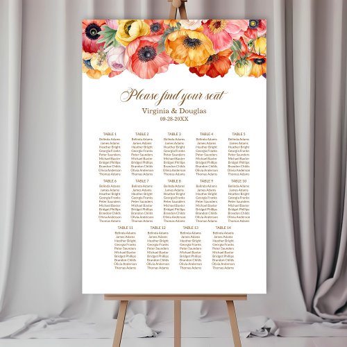 Vibrant Poppies 14 Table Wedding Seating Chart  Foam Board