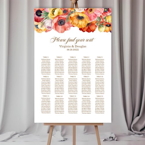 Vibrant Poppies 15 Table Wedding Seating Chart  Foam Board