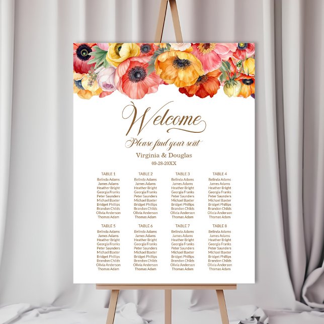 Vibrant Poppies 8 Table Wedding Seating Chart Foam Board (Creator Uploaded)