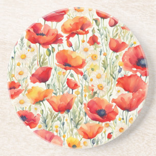 Vibrant Poppies and Daisies Watercolor Pattern Coaster