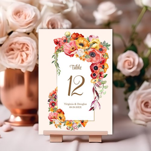 Vibrant Poppies Wedding  Table Number