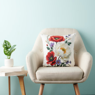Vibrant Poppy Bouquet Art  Throw Pillow