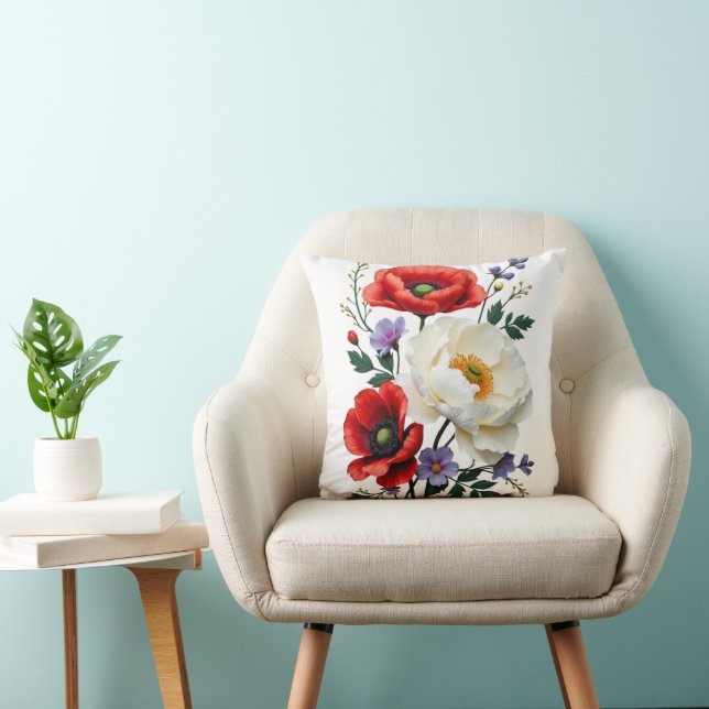 Vibrant Poppy Bouquet Art  Throw Pillow (Chair)