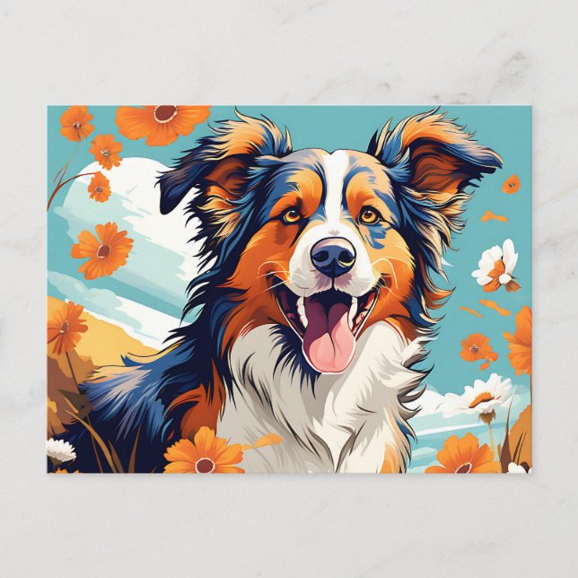 Vibrant Portrait Australian Shepherd And Flowers Postcard (Front)