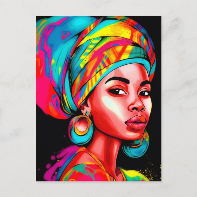 Vibrant Portrait with Colorful Headwrap  Postcard (Front)