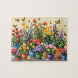 Vibrant Potted Flowers and Butterflies Jigsaw Puzzle<br><div class="desc">Cultivate a little joy with this bright and colorful jigsaw puzzle! This vibrant illustration showcases an overflowing collection of potted flowers like roses, daffodils, and hydrangeas in rich, contrasting colors. Butterflies flutter around the lush arrangement, creating a cheerful, springtime garden display. This high-quality puzzle is the perfect gift for gardeners,...</div>