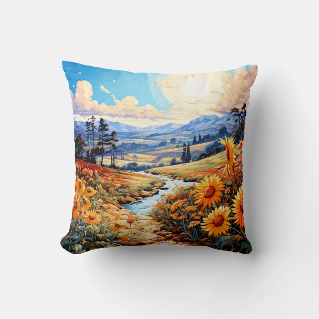 Vibrant Prairie Landscape Illustration Throw Pillow (Front)