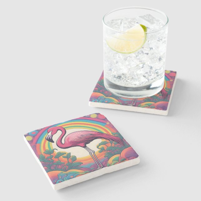 Vibrant psycadelic flamingo, bold statement stone coaster (Side)