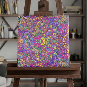Vibrant Psychedelic Abstract Boho Doodle Pattern Ceramic Tile
