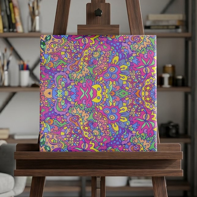 Vibrant Psychedelic Abstract Boho Doodle Pattern Ceramic Tile (Creator Uploaded)