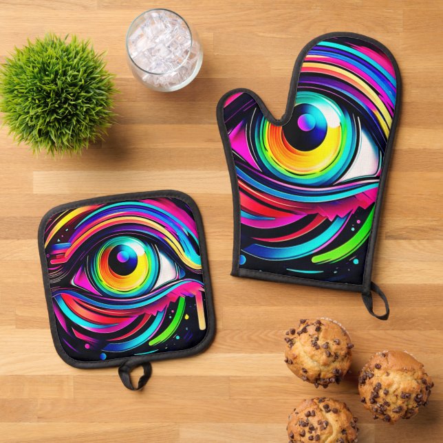 Vibrant Psychedelic Eye Art Oven Mitt & Pot Holder Set (Top Down)
