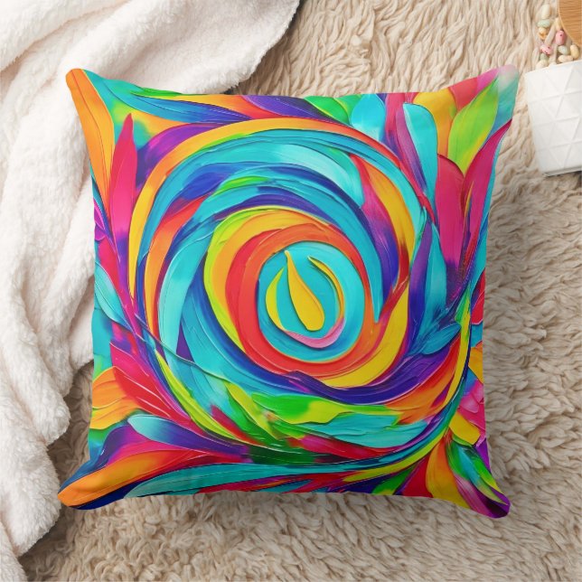 Vibrant Psychedelic Floral Spiral Painting  Throw Pillow (Blanket)