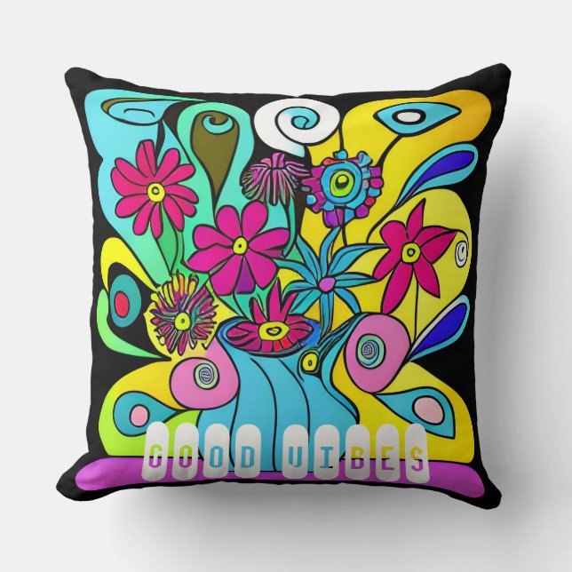 Vibrant Psychedelic Flowers in a Vase Throw Pillow (Front)