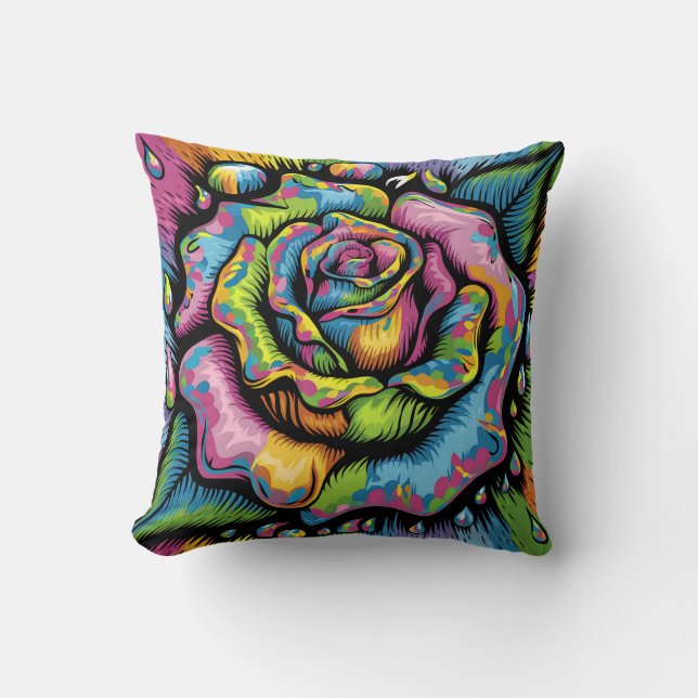 Vibrant Psychedelic Rose - Burst of Color Throw Pillow (Front)