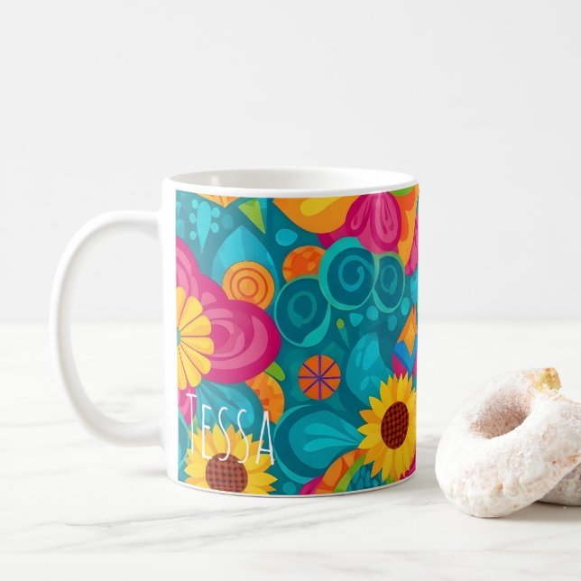 Vibrant Psychedelic Sunflower Retro 70s Pop Art Coffee Mug (With Donut)