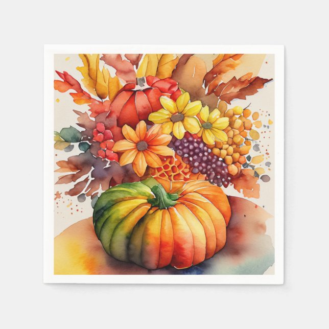 Vibrant Pumpkin Bouquet Gold Autumn Harvest Napkins (Front)