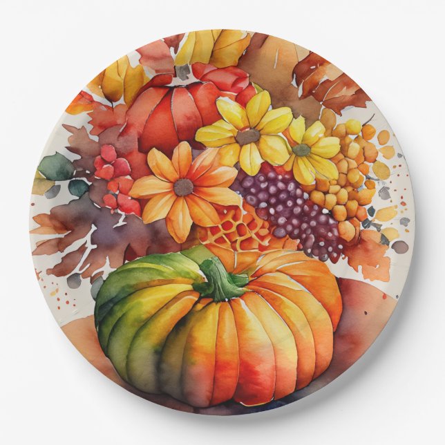 Vibrant Pumpkin Bouquet Gold Autumn Harvest Paper Plates (Front)