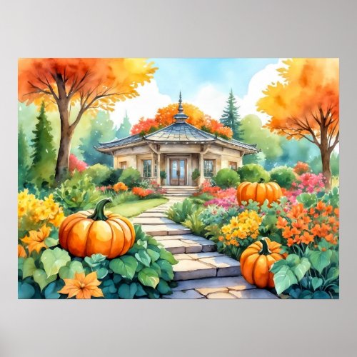 Vibrant pumpkin garden of autumn floral foliage poster