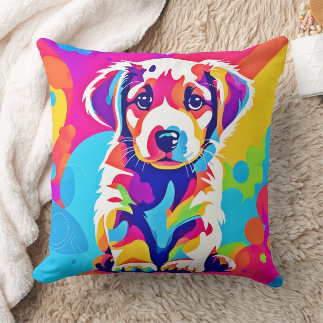Vibrant Puppy Art Throw Pillow (Blanket)