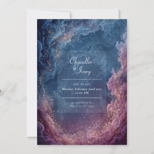 Vibrant Purple and Navy Celestial Nebula Wedding Invitation (Front)
