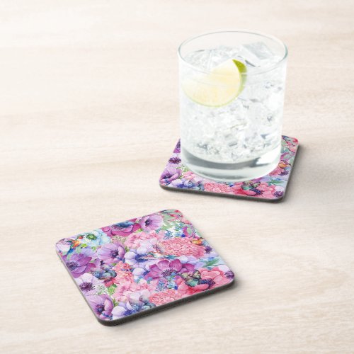 Vibrant purple and pink flowers beverage coaster