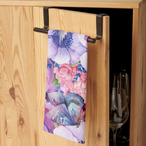 Vibrant purple and pink flowers kitchen towel
