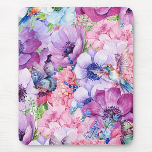 Vibrant purple and pink flowers mouse pad