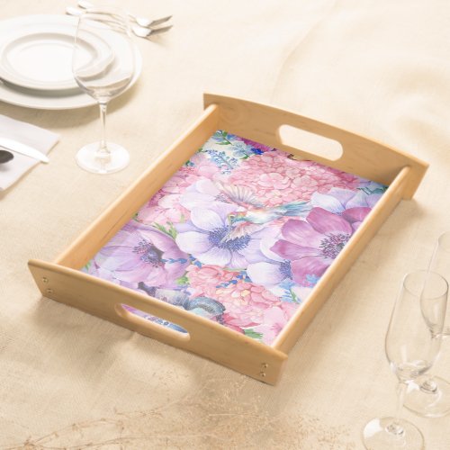 Vibrant purple and pink flowers serving tray