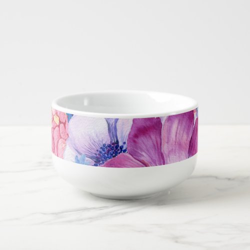Vibrant purple and pink flowers soup mug