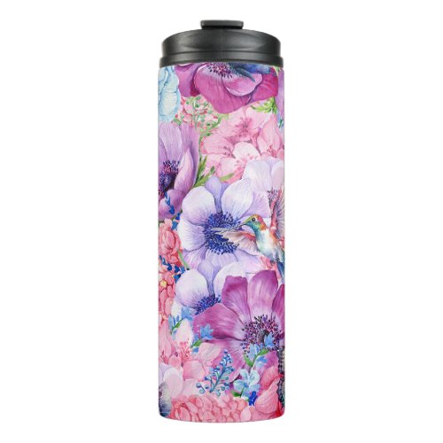 Vibrant purple and pink flowers thermal tumbler