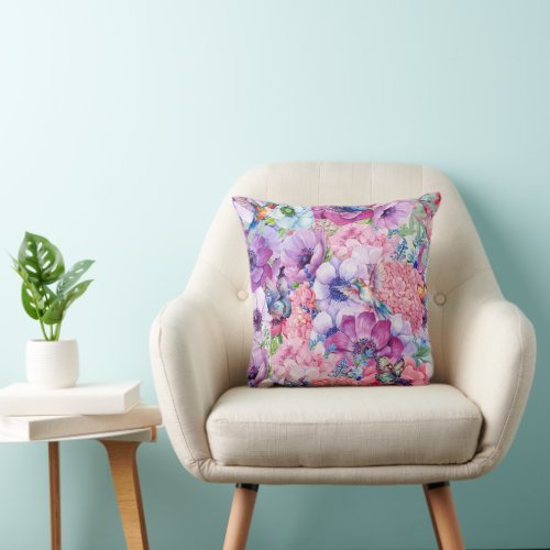 Vibrant purple and pink flowers throw pillow