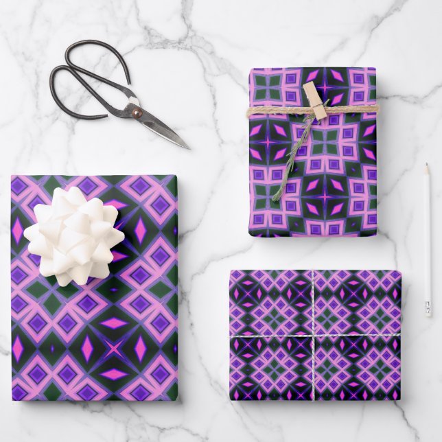 Vibrant Purple and Pink Geometric Diamond Pattern  Wrapping Paper Sheets (Front)