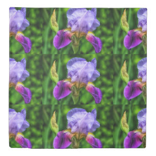 Vibrant purple blue and yellow iris flower duvet cover