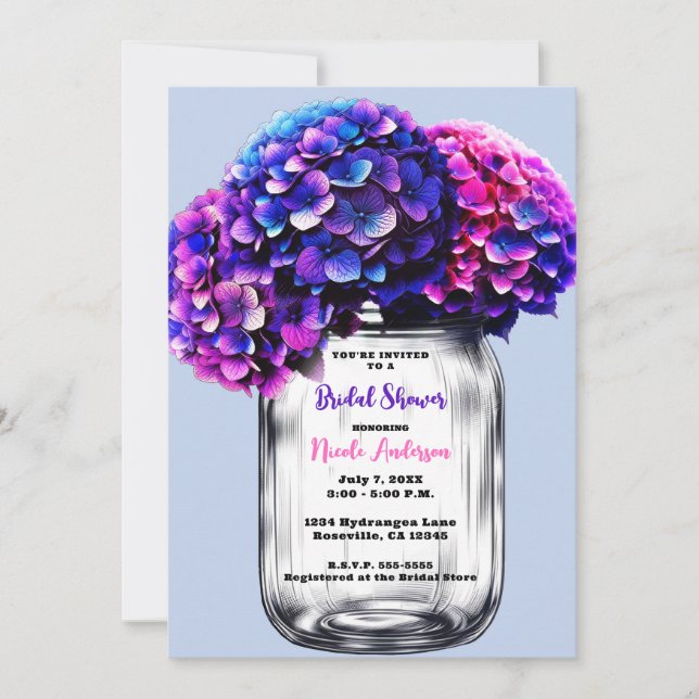Vibrant Purple Blue Pink Hydrangeas Bridal Shower Invitation (Front)