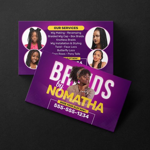 Vibrant Purple Braids  Wigs Hair Braiding Salon Business Card