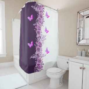Vibrant Purple Butterfly and Floral Shower Curtain