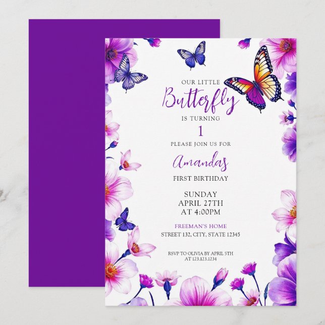 Vibrant Purple Floral Butterflies 1st Birthday Invitation (Front/Back)