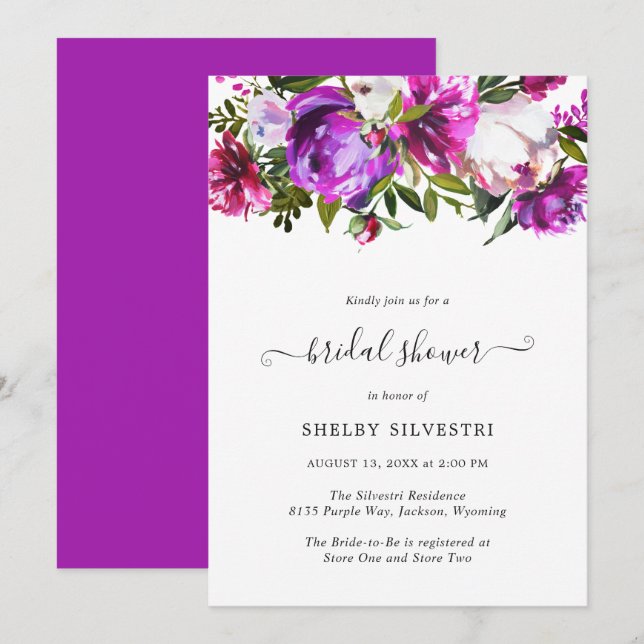 Vibrant Purple Floral Elegant Bridal Shower Invitation (Front/Back)