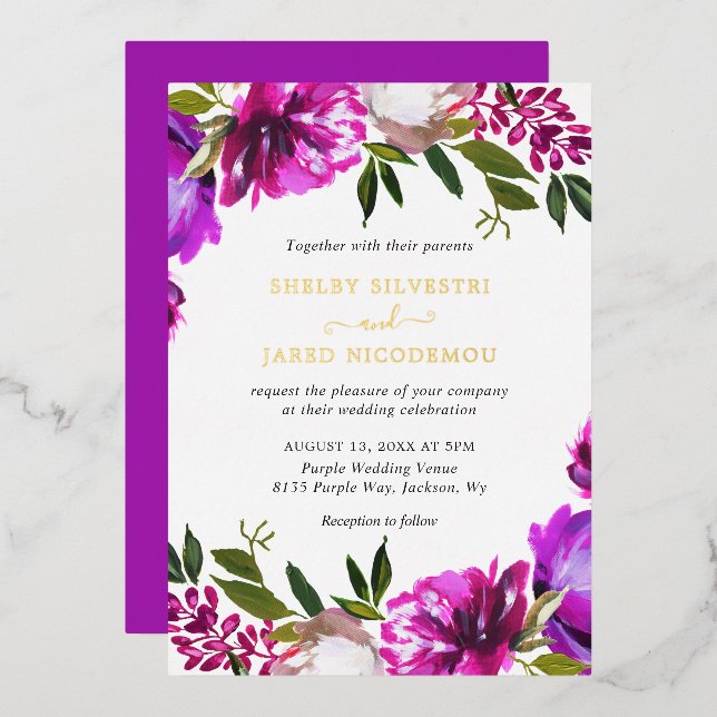 Vibrant Purple Floral Elegant Wedding Foil Invitation (Front/Back)