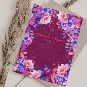 Vibrant Purple Floral Graduation Party Magenta Invitation