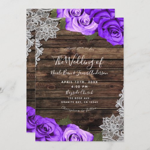 Vibrant Purple Floral Roses Wood Lace Wedding Invitation