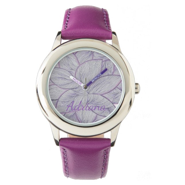 Vibrant Purple Flower Pattern Custom Name Watch (Front)